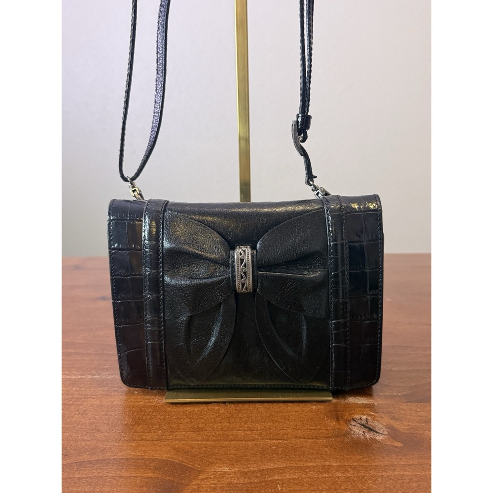 VTG Brighton Black Croc Embossed Leather Bow Wallet Crossbody Organizer Purse